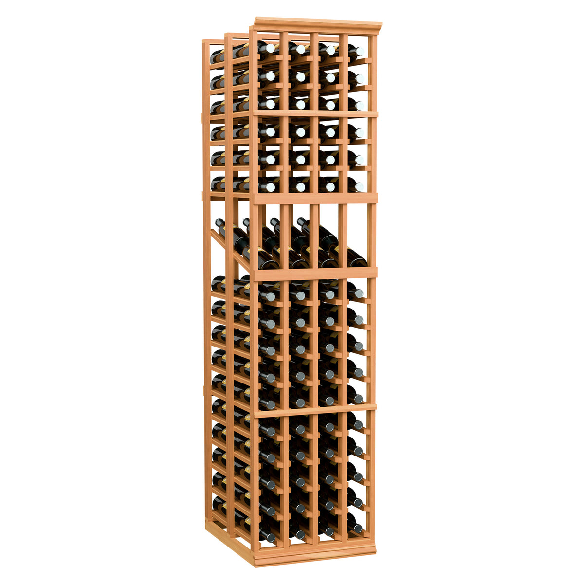 4-column double deep wine display rack with warm wood frame and bottle slots