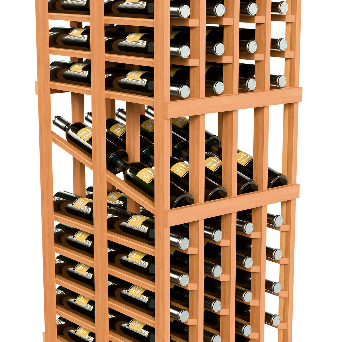 Wine display rack with warm wood grid shelves and front bottles with silver caps