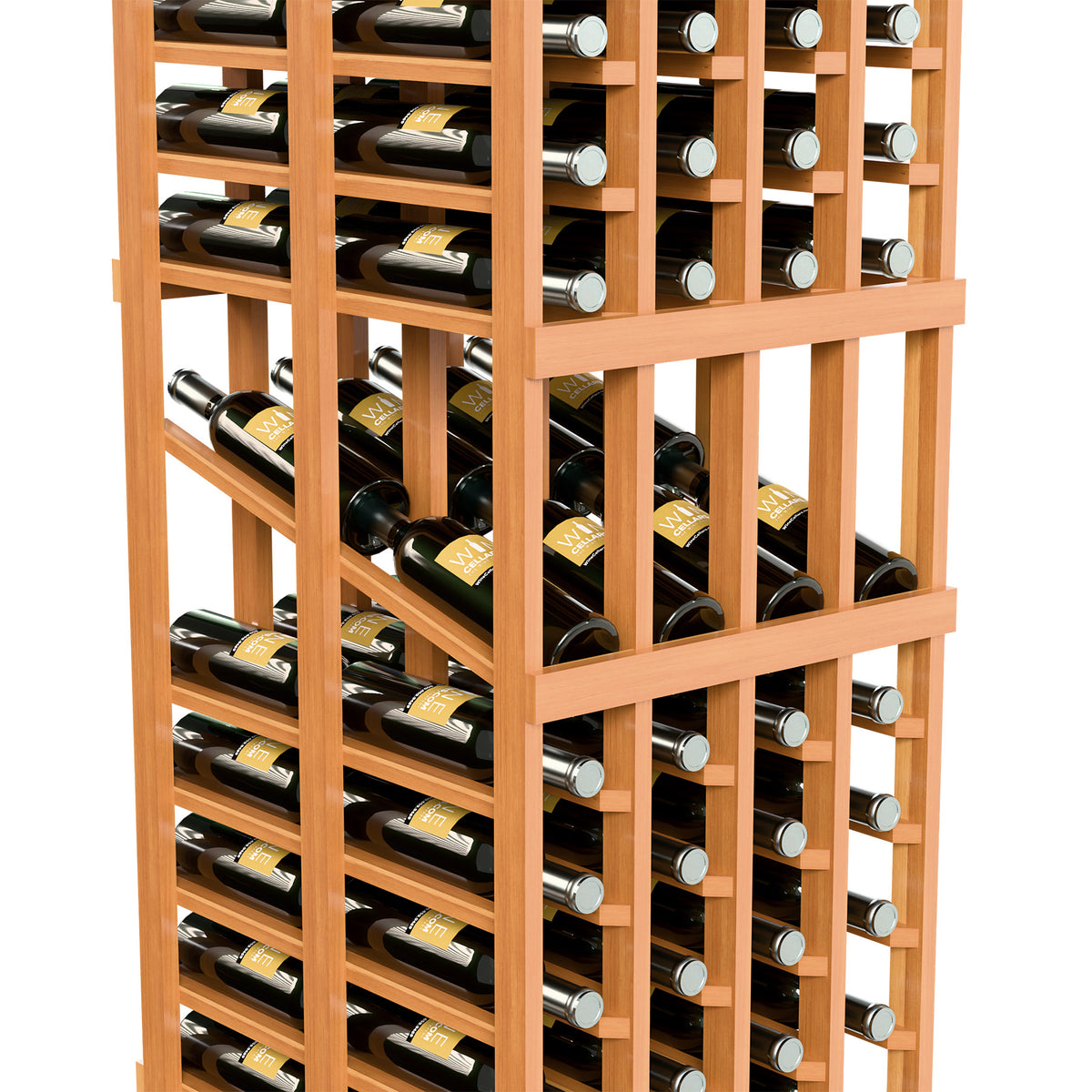 Wine bottle storage rack with warm wood dividers and multiple rows of bottles