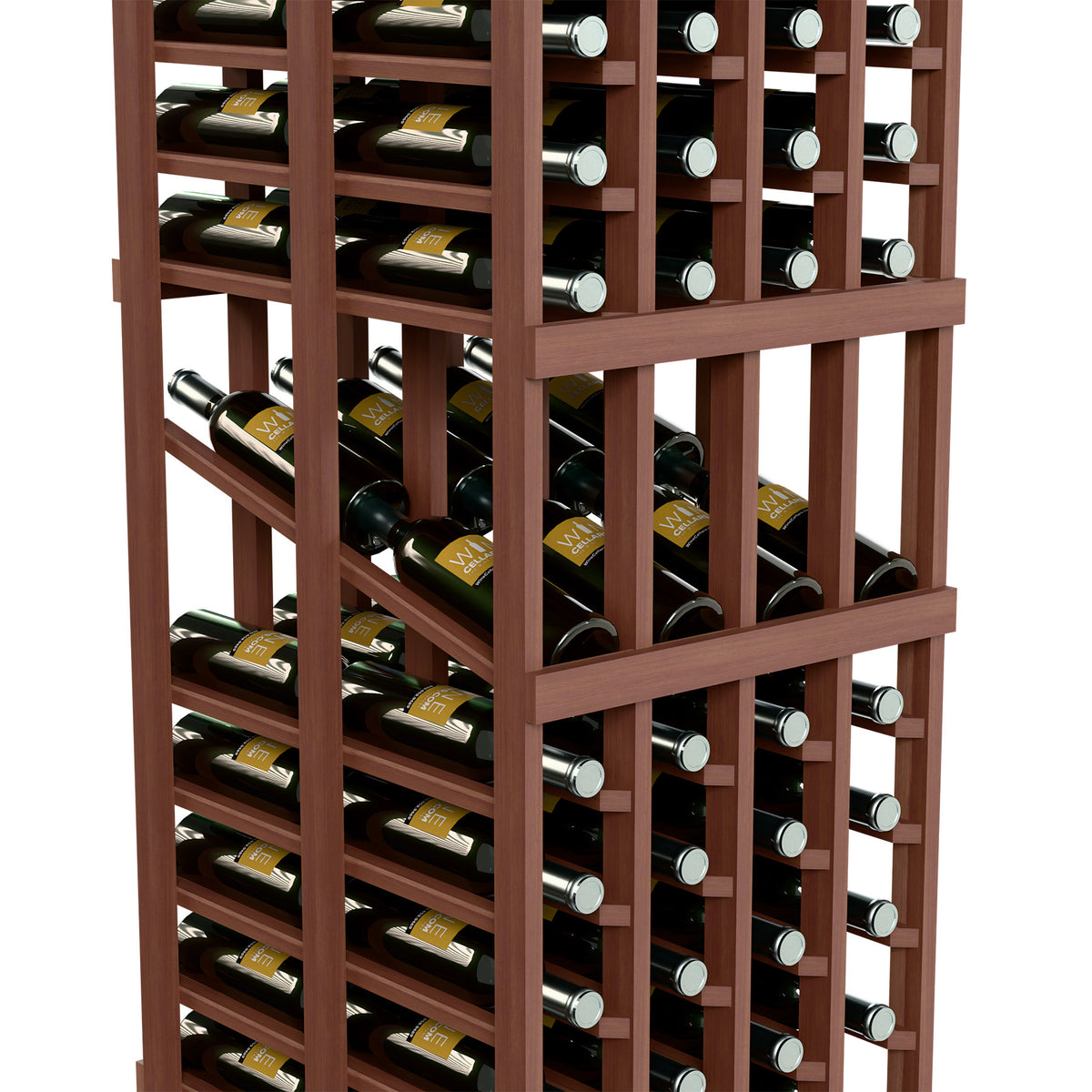 Wine bottle storage rack with dark wood dividers and front row bottles