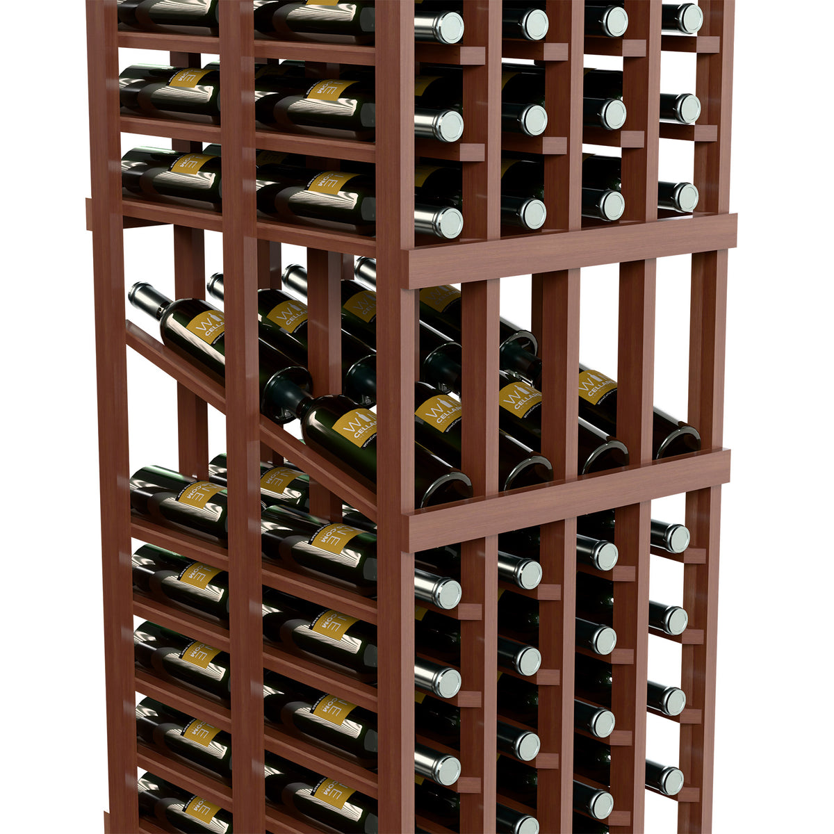 Close-up of wine bottle display rack with dark wood frame and rows of bottles.