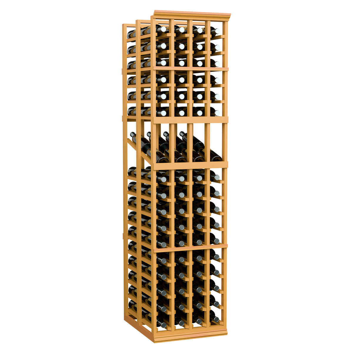 Wine bottle display rack with light wood frame, double-deep grid bottle slots.