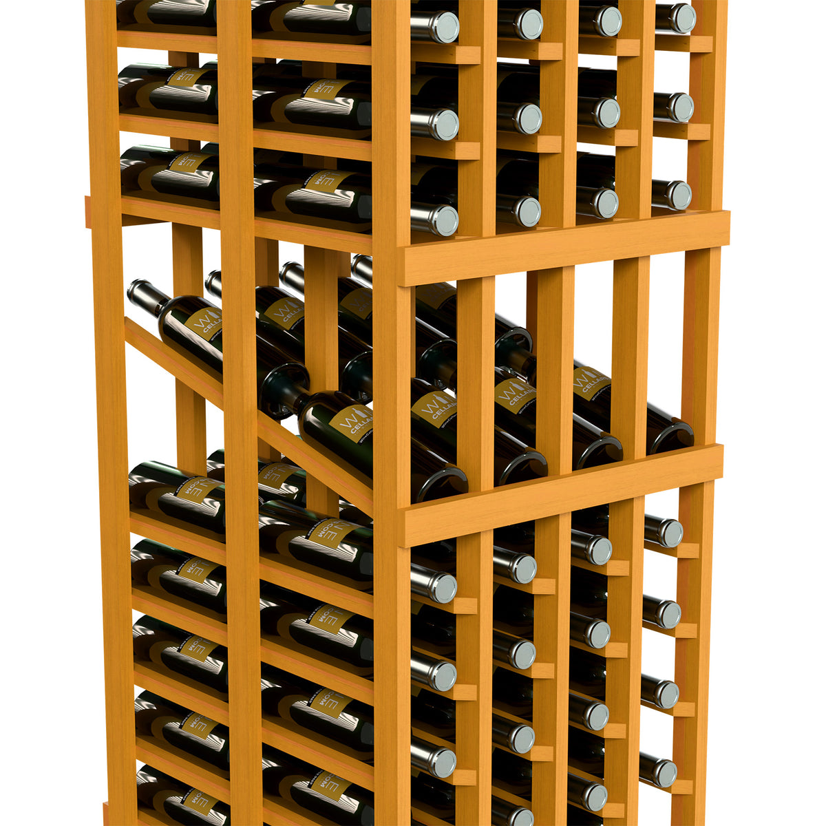 Close-up of wine bottle display rack with light wood frame and bottle rows in slots.