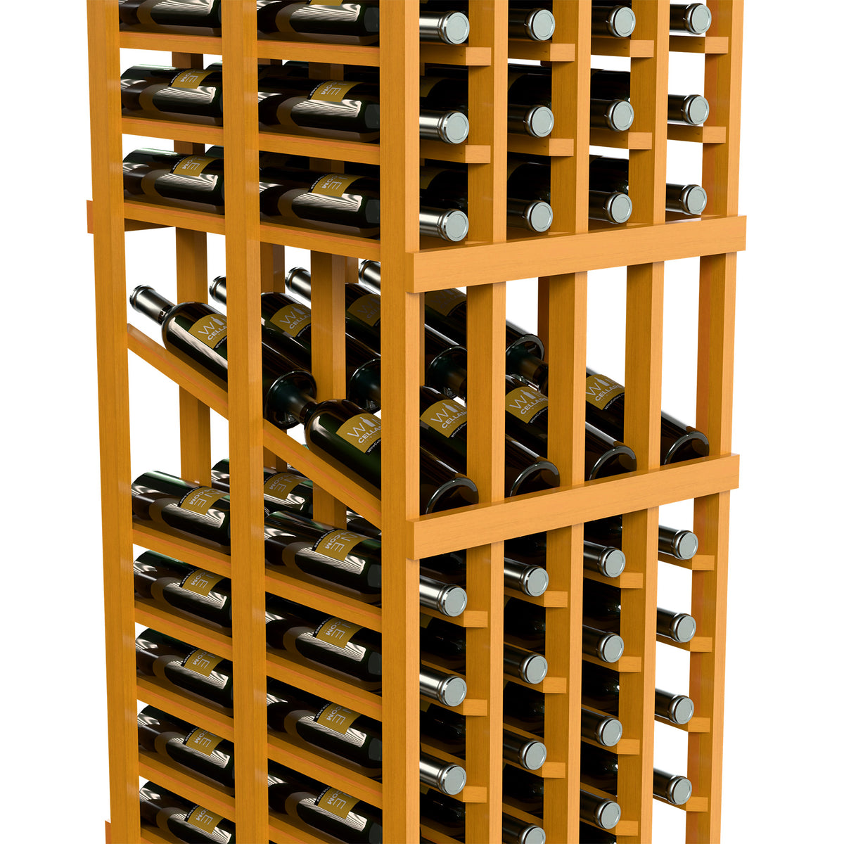 Close-up of light wood wine bottle display rack with multiple rows of bottles.