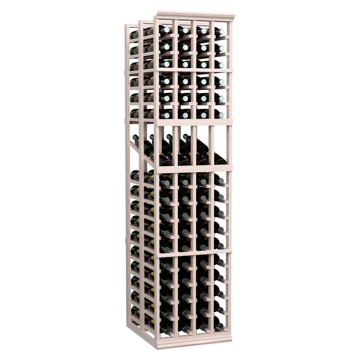 Wine bottle display rack with white wood frame, double-deep grid bottle slots.