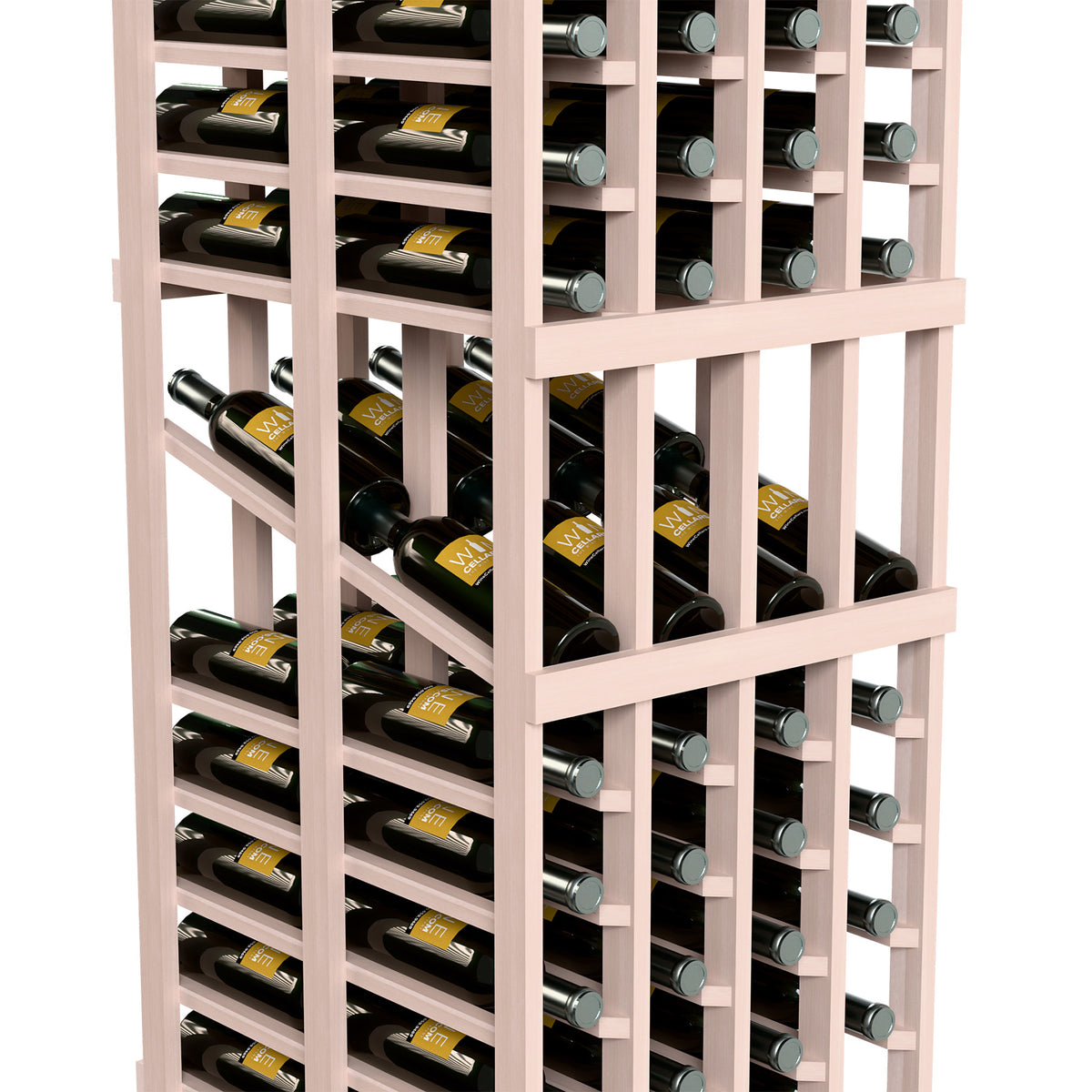 Close-up of white wood wine bottle display rack with bottle rows in circular slots.