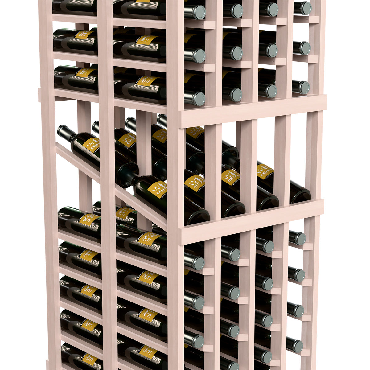 Close-up of white wood wine bottle display rack with multiple bottle rows and slots.
