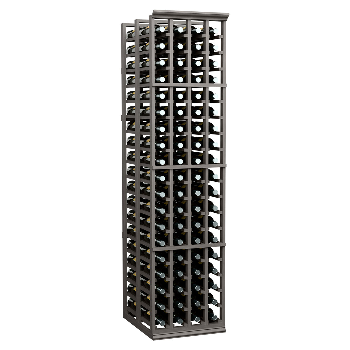Four-column double-deep wine bottle rack with dark frame and front bottle slots