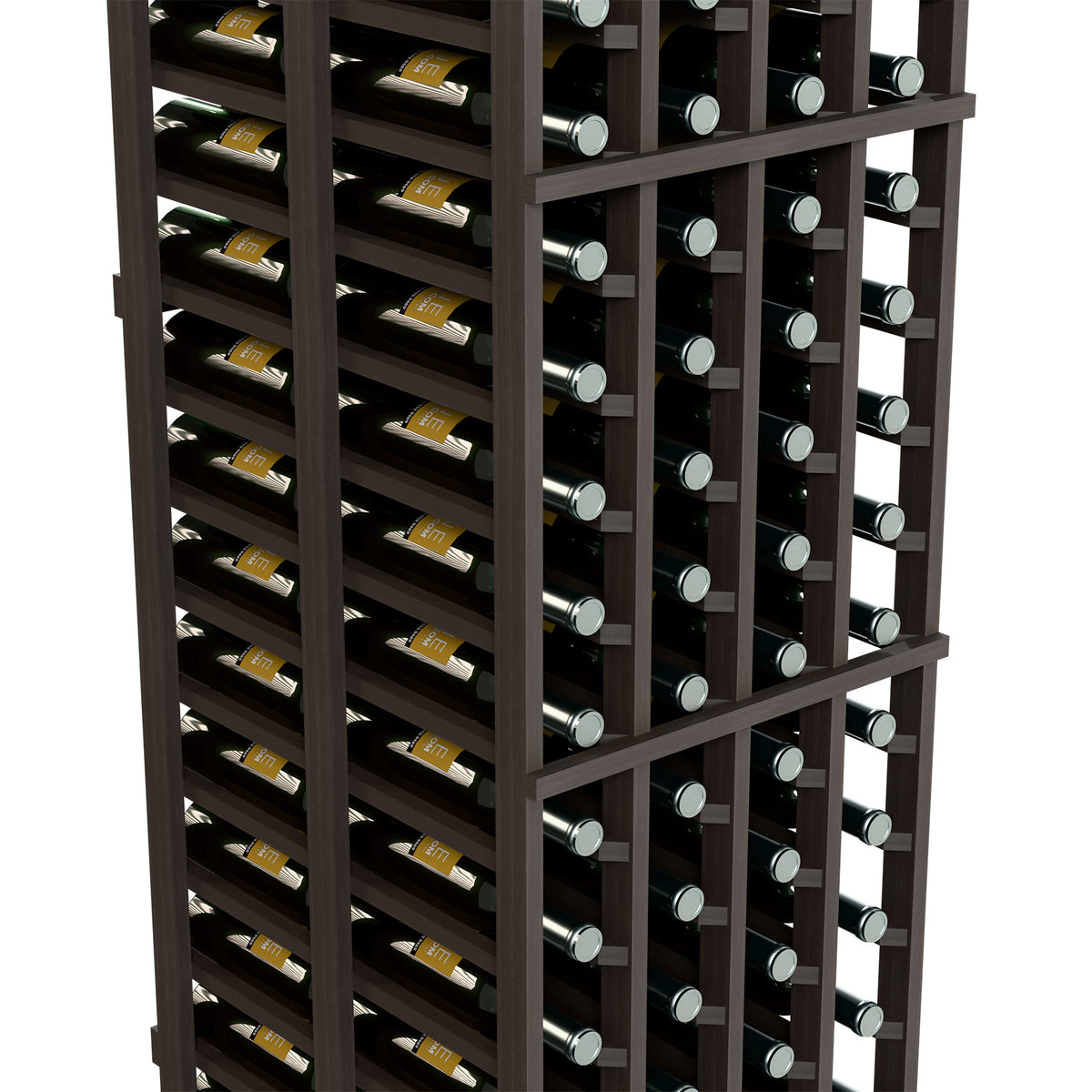 Four-column double-deep wine bottle rack, close-up of bottle holders and dividers