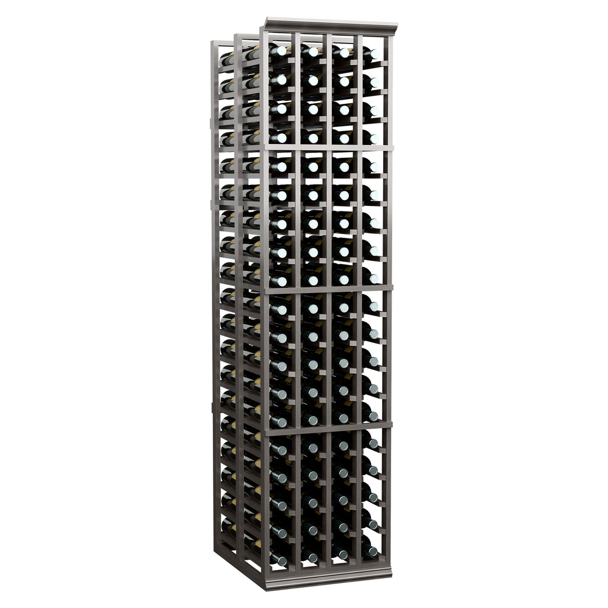 Four-column double-deep wine bottle rack with dark frame and angled front view