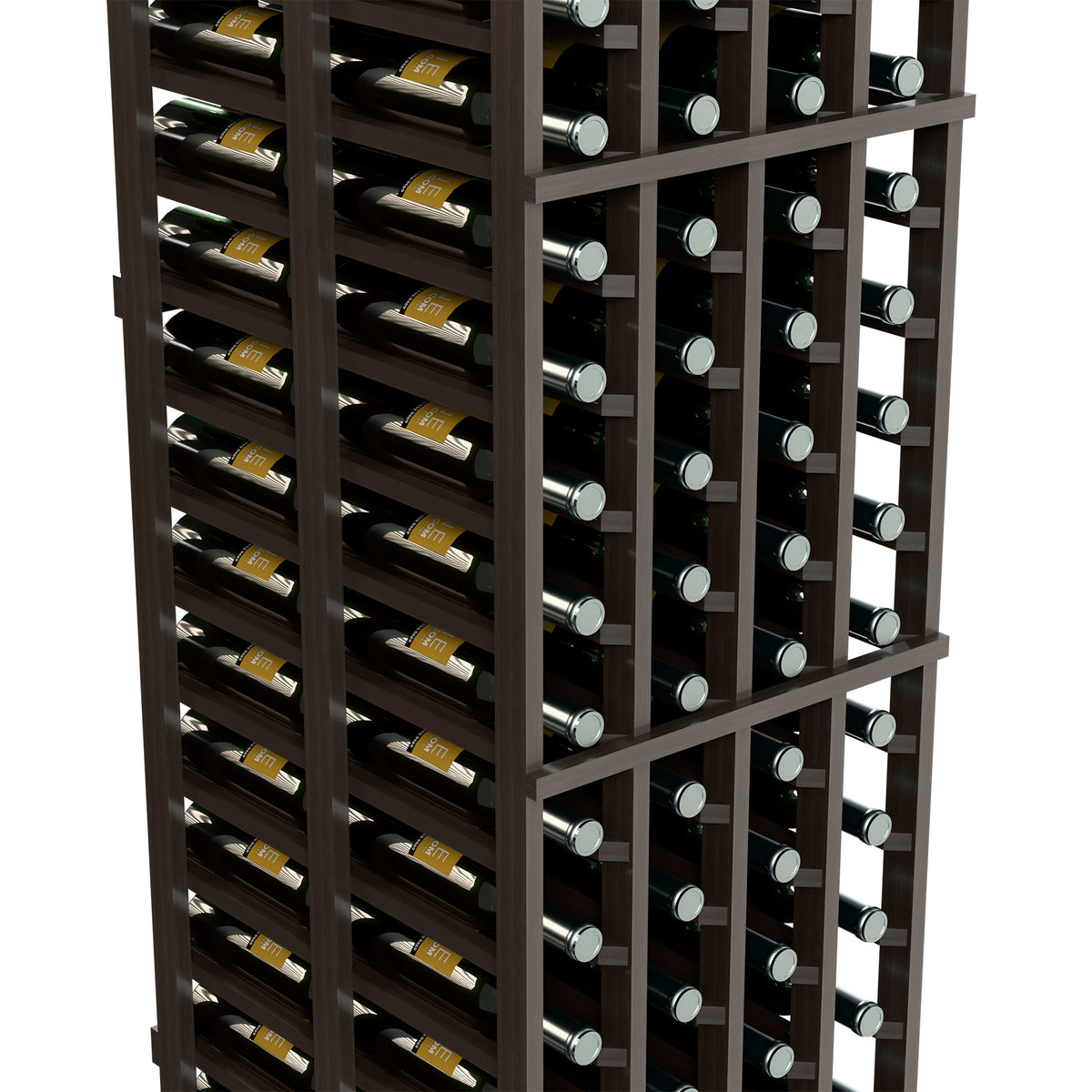 Four-column double-deep wine bottle rack with dark frame and side row of wine bottles