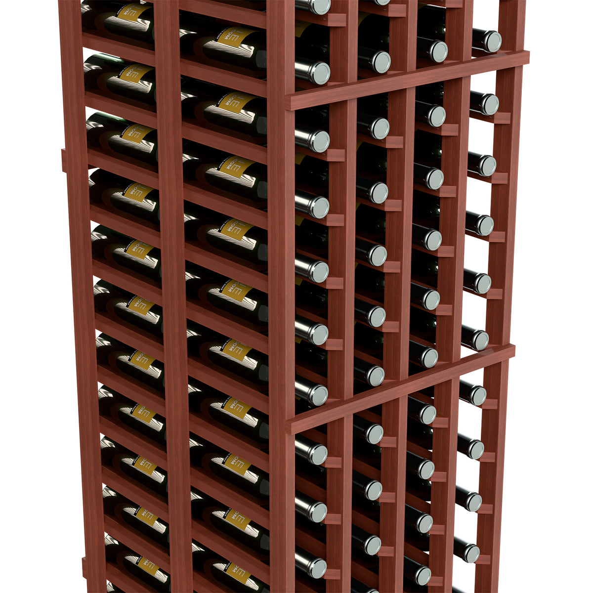 Four-column double-deep wine bottle rack, close-up of bottle holders in reddish-brown