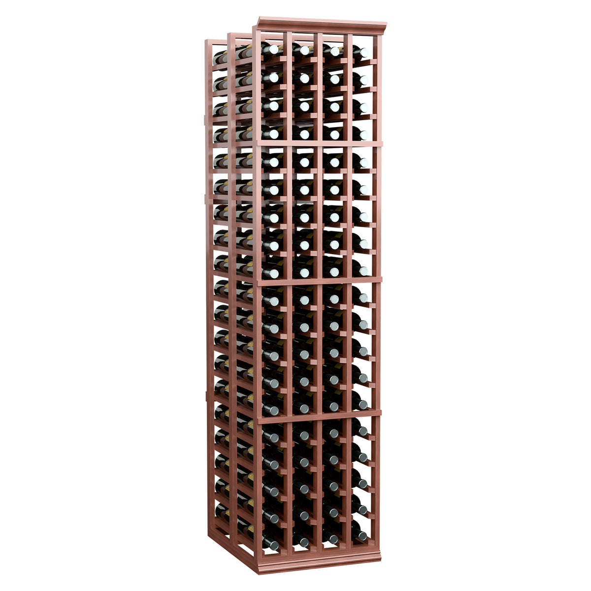 Four-column double-deep wine bottle rack with reddish-brown frame and angled front view