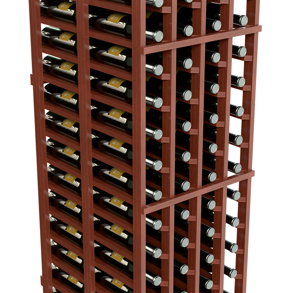 Four-column double-deep wine bottle rack with reddish-brown frame and side bottle rows