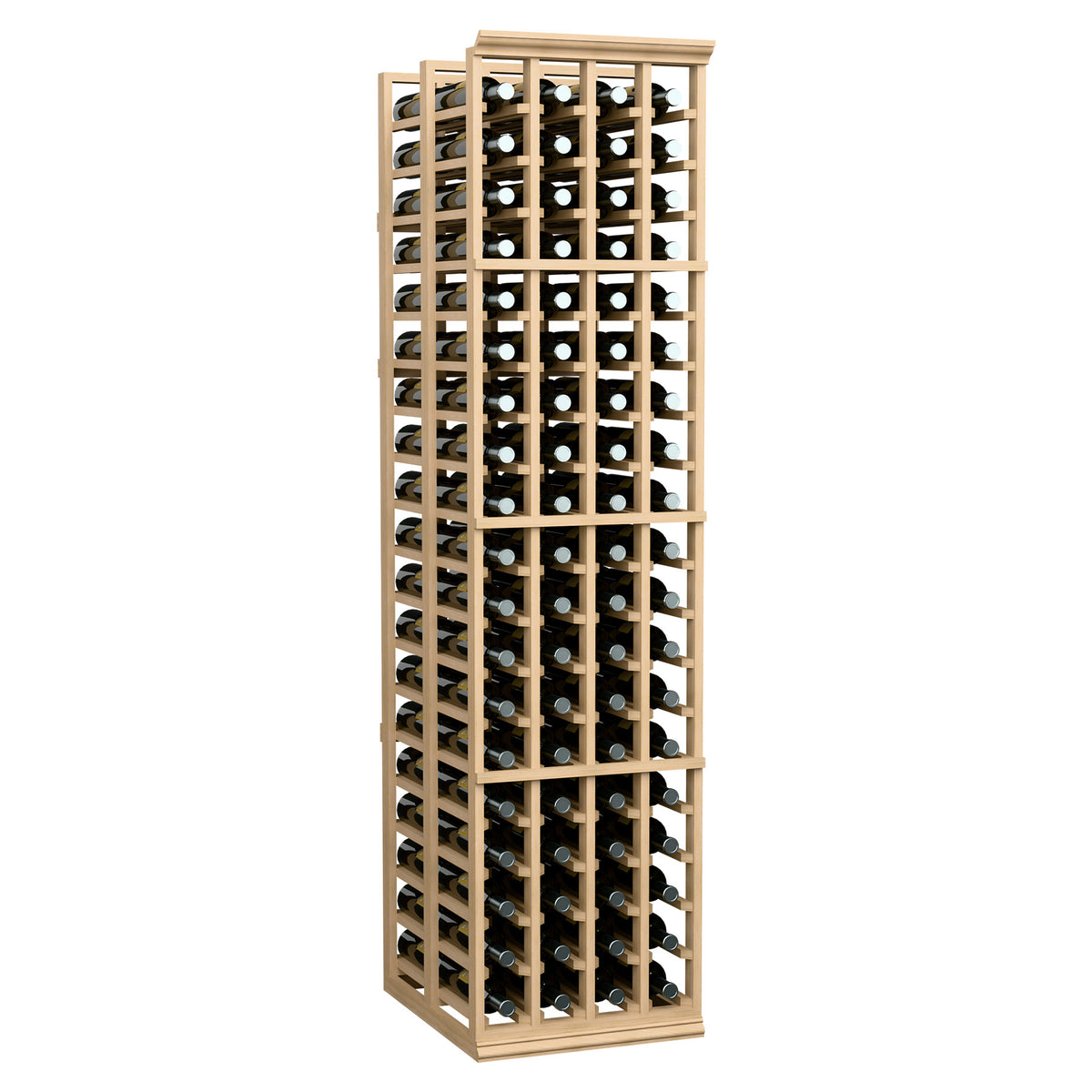 Four-column double-deep wine bottle rack with light wood frame and front bottle slots