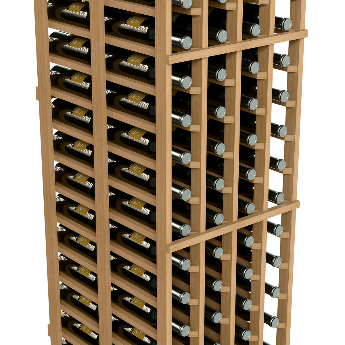 Four-column double-deep wine bottle rack, close-up of bottle holders in light wood