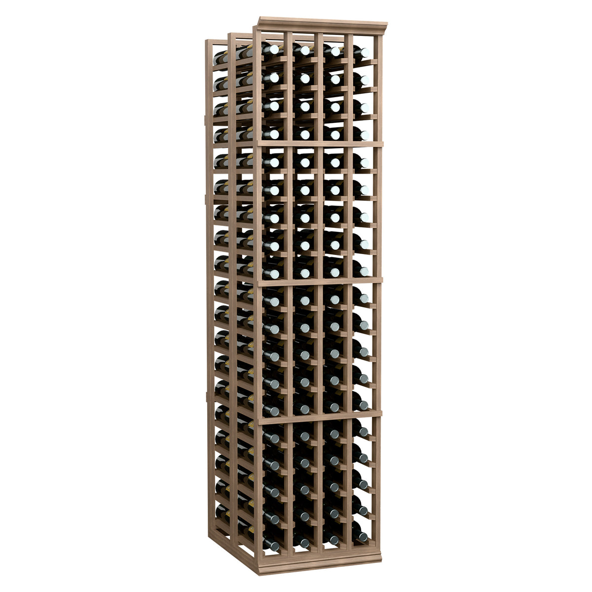 Light wood double-deep wine rack with front grid rows for bottles and circular supports