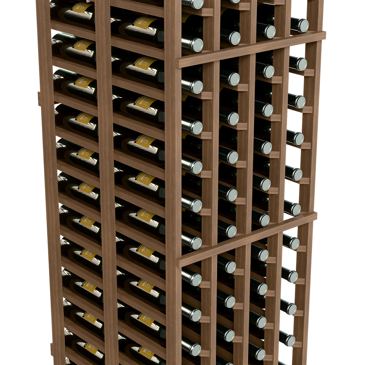 Light wood wine rack close-up with bottle rows, corked bottles, and silver-toned ring slots