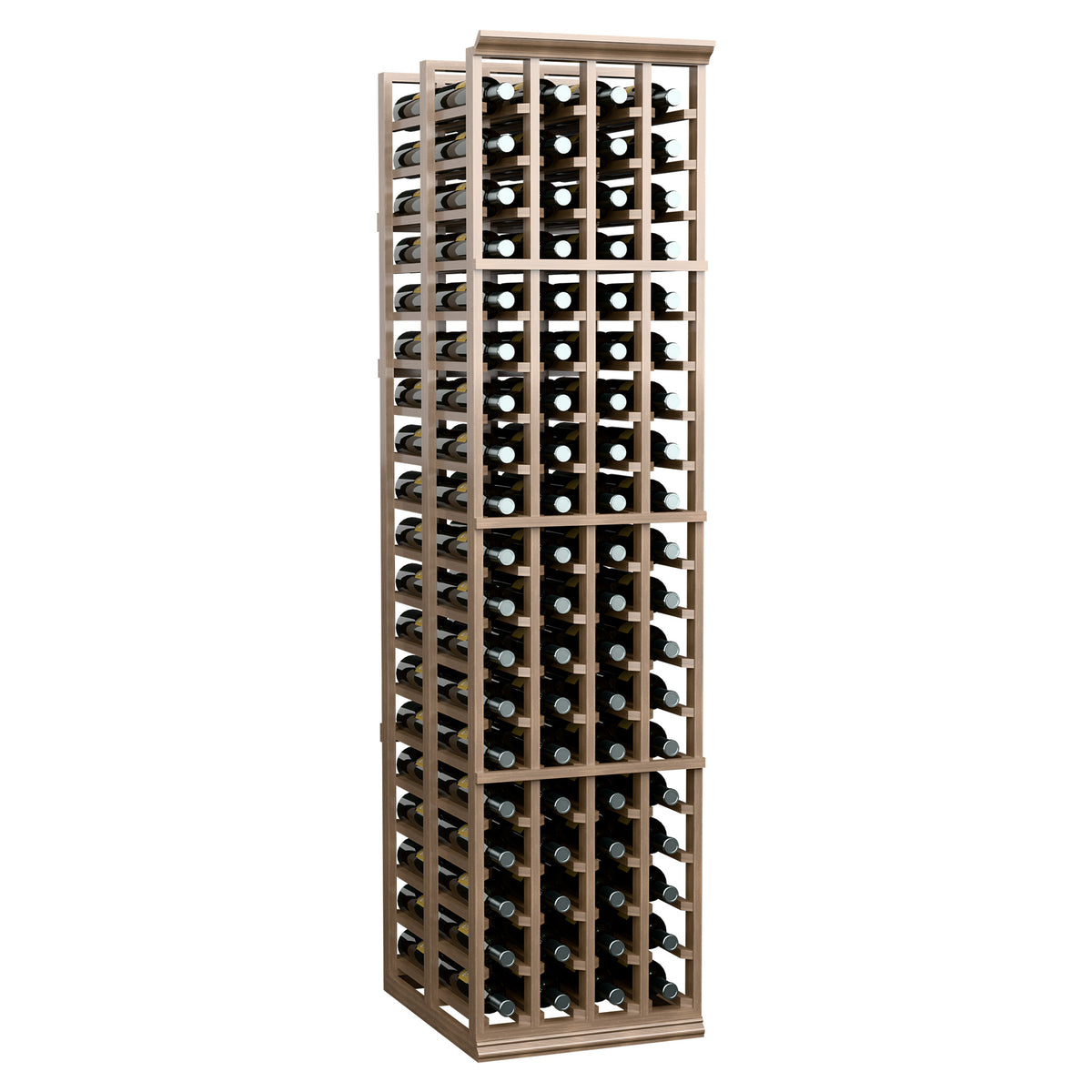 Light wood wine rack with vertical lattice and multiple bottle compartments, double-deep design