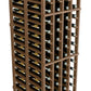 Light wood wine rack close-up showing bottle rows and silver-toned circular bottle supports