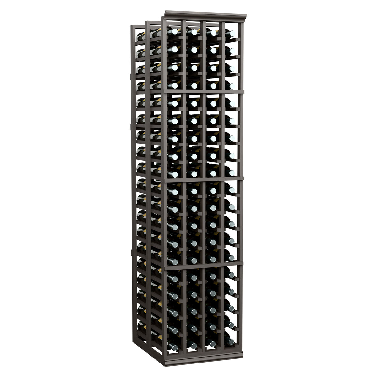 Dark wine rack with vertical grid panels, double-deep bottle storage, and circular bottle rings