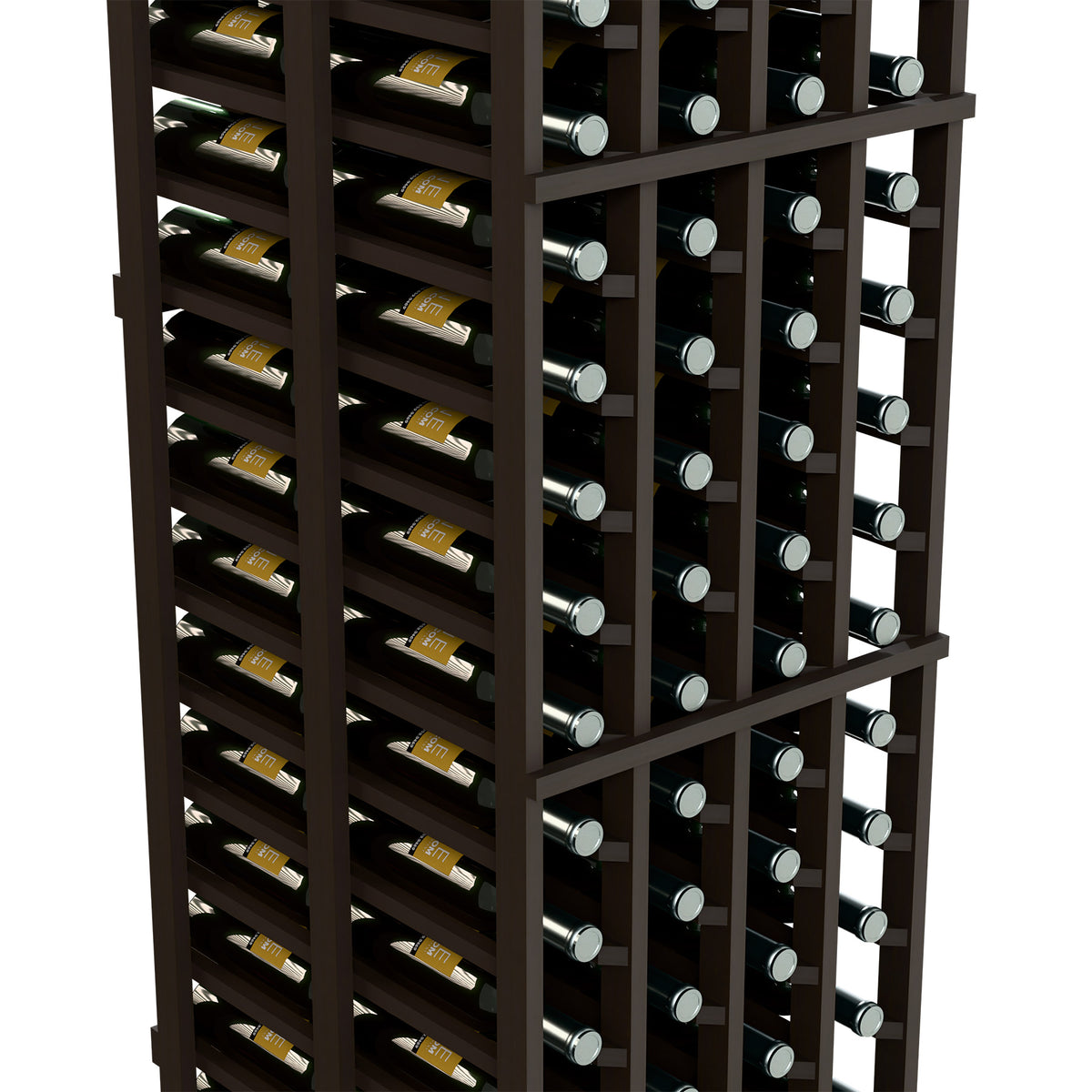 Dark wood wine rack close-up with bottle rows, corked bottles, and silver-toned ring supports