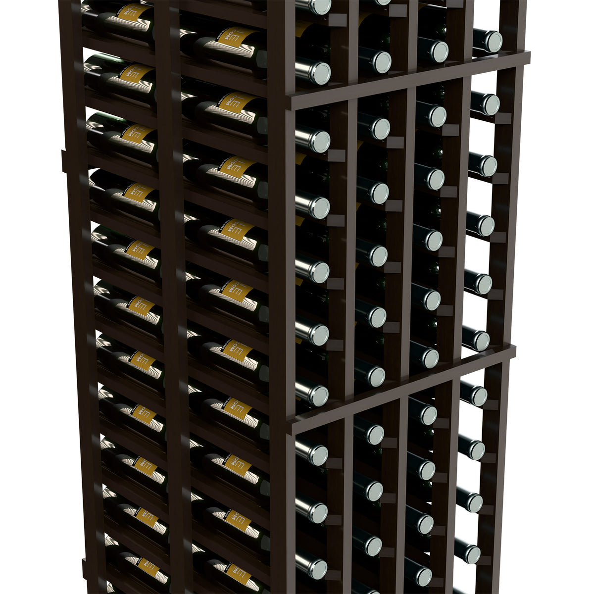 Dark wood wine rack close-up showing stacked bottle rows and circular metal ring holders