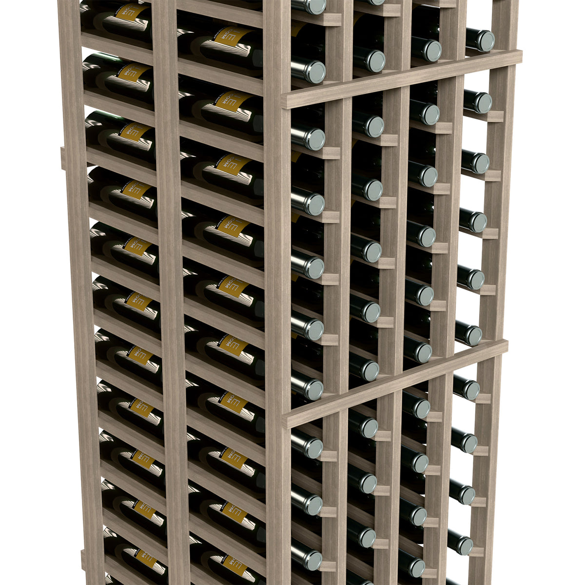 Gray wine rack close-up with crisscross slots holding bottles and metal caps