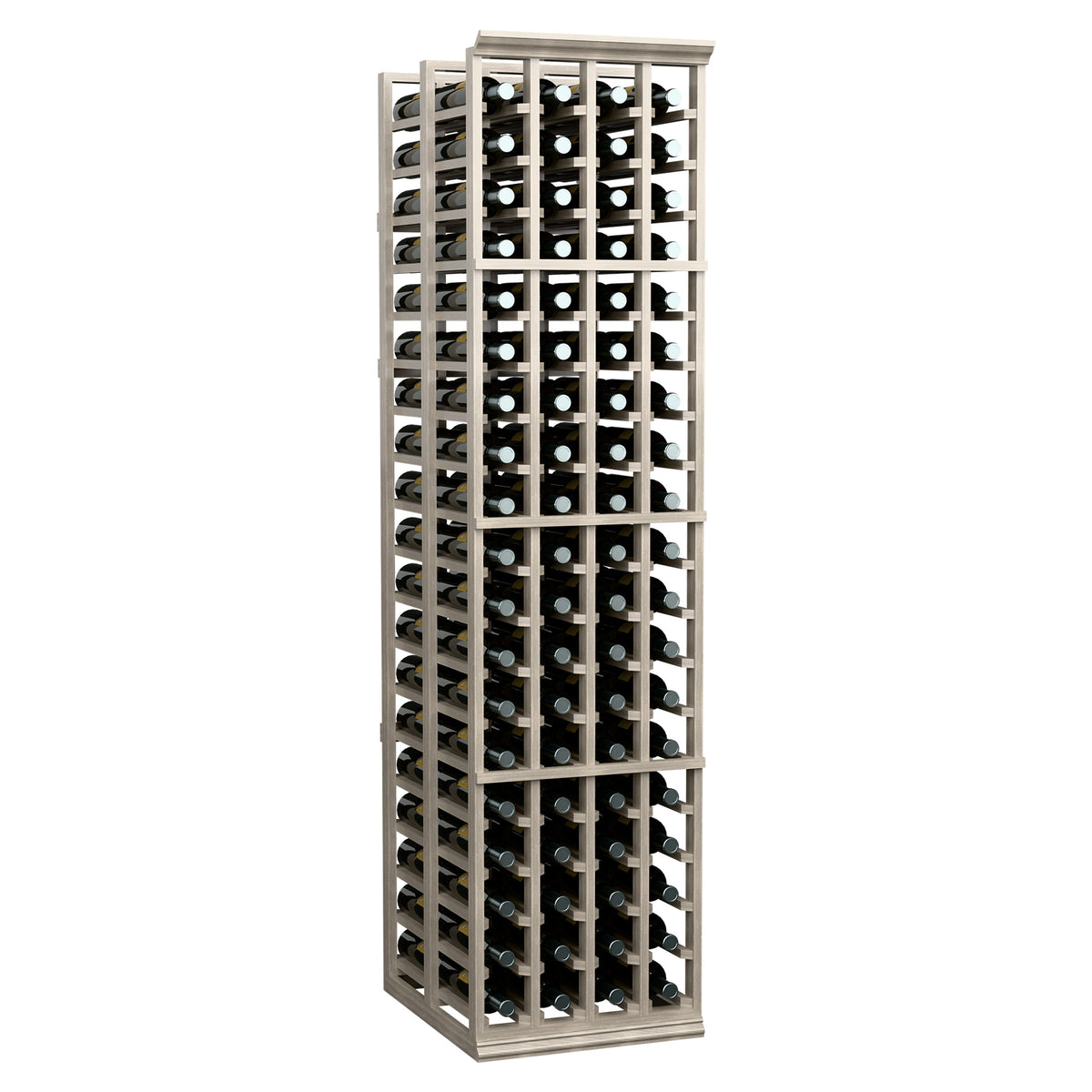 Tall gray double-deep wine rack with front and back bottle storage
