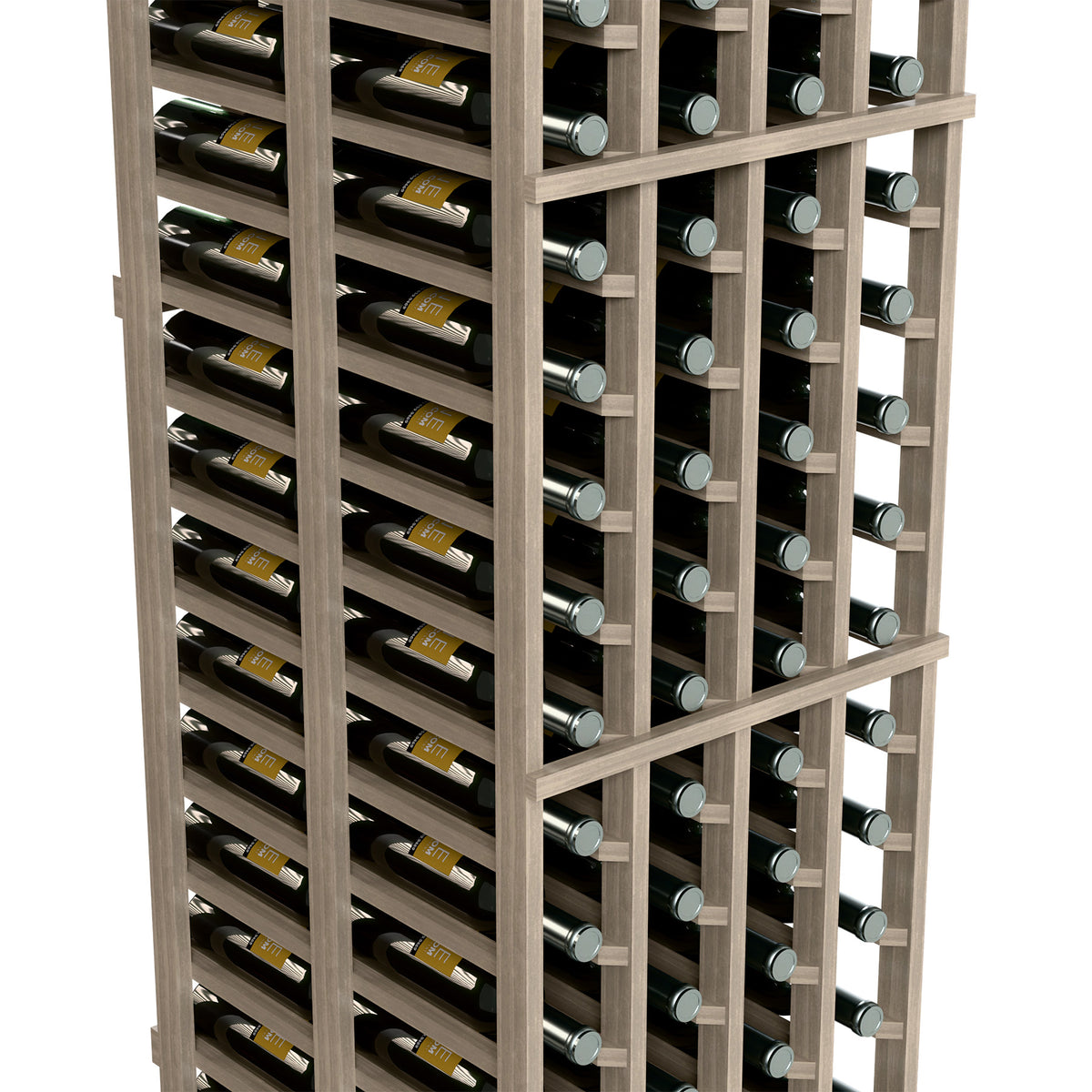 Gray double-deep wine rack side view showing bottle rows and wooden lattice
