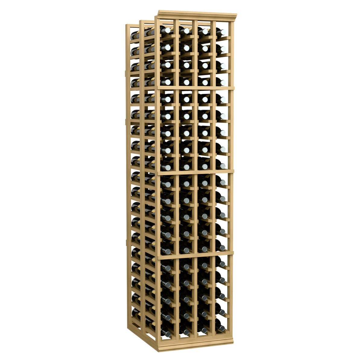 Light wood double-deep 4-column wine rack holding bottles in two deep rows