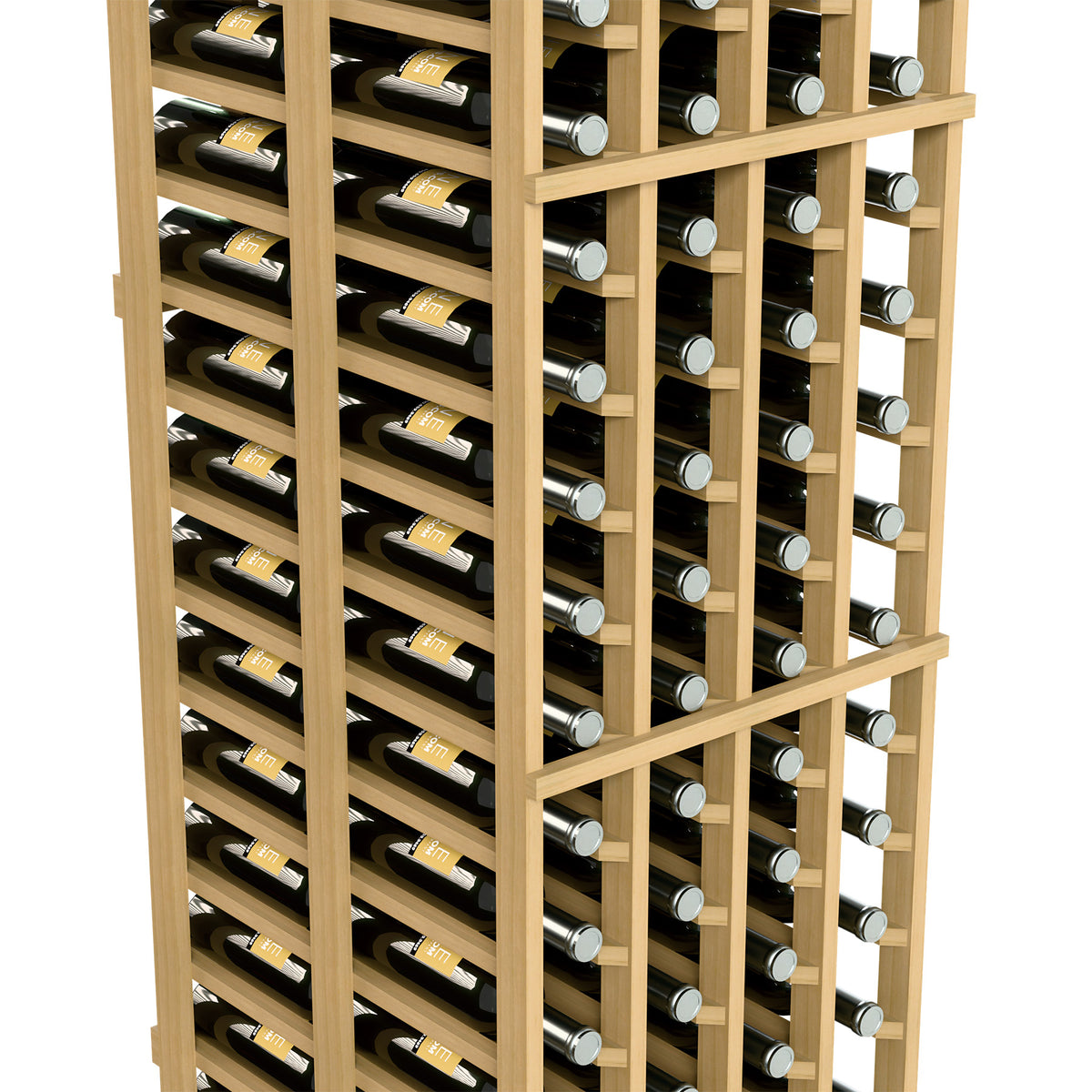 Light wood wine rack close-up with bottle slots and silver-capped bottles