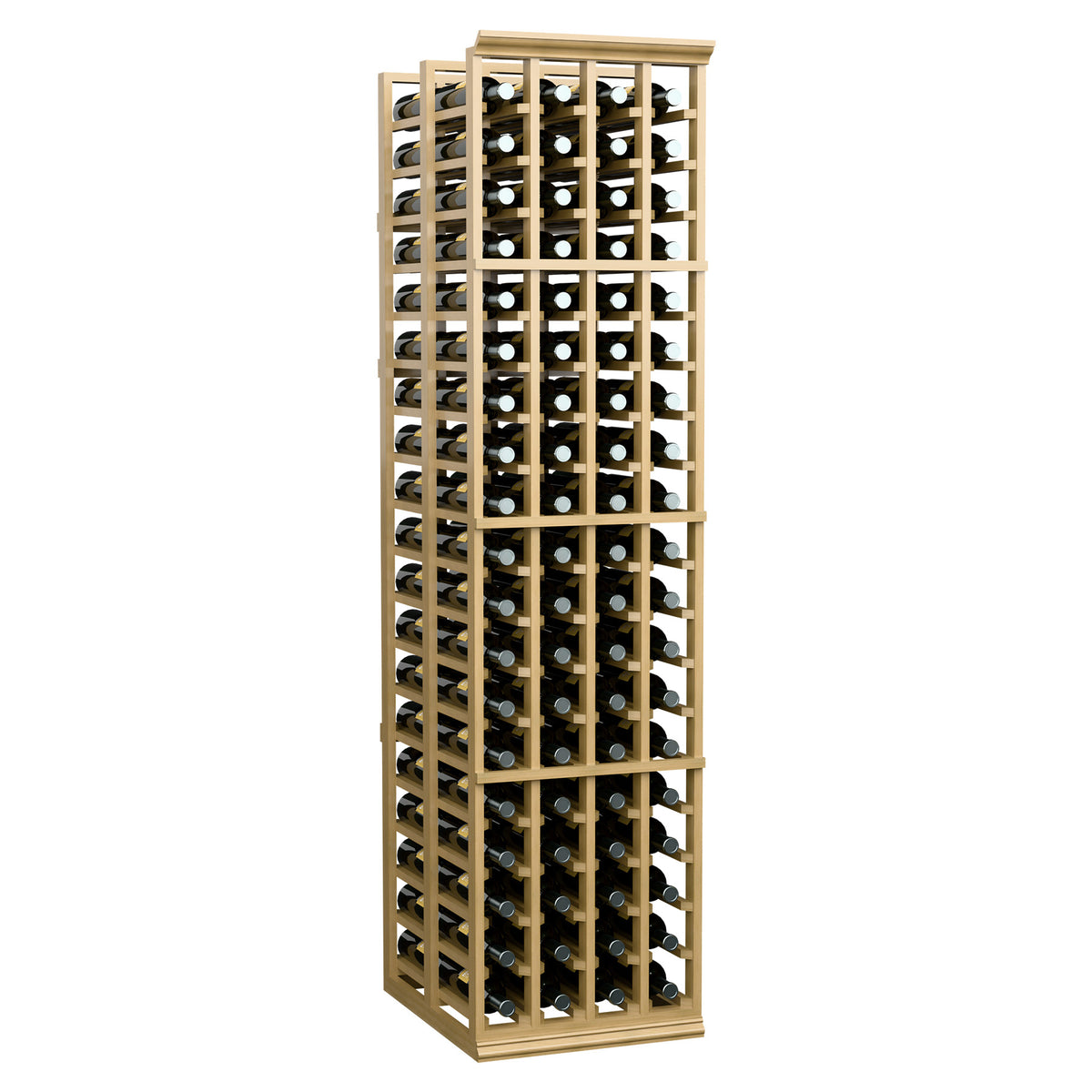 Tall light wood double-deep wine rack with stacked bottle compartments