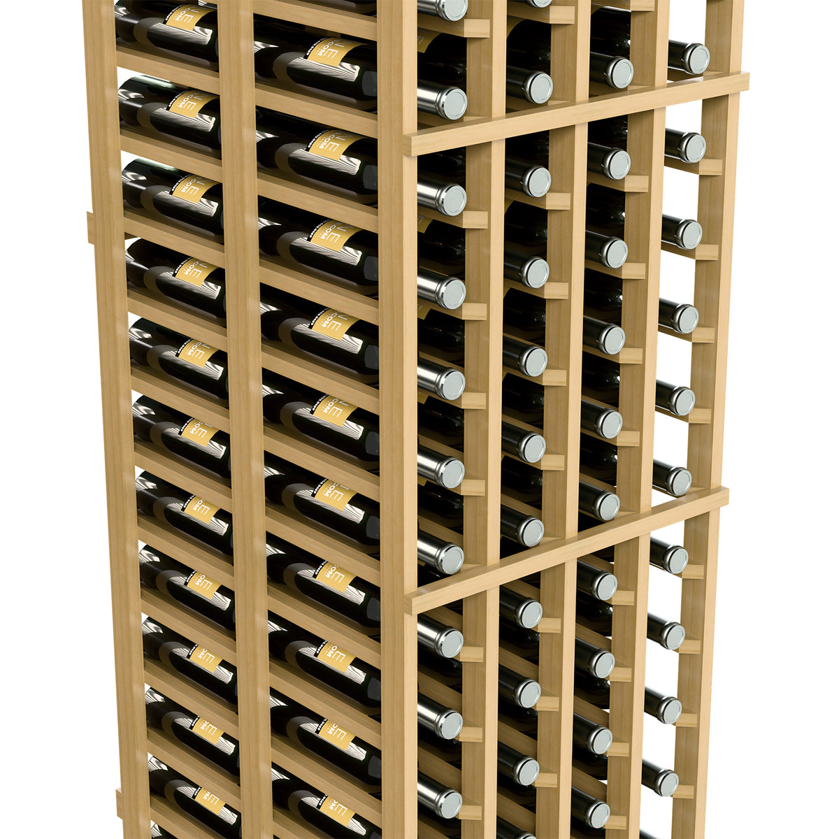 Light wood double-deep wine rack side view with bottle rows and lattice frame
