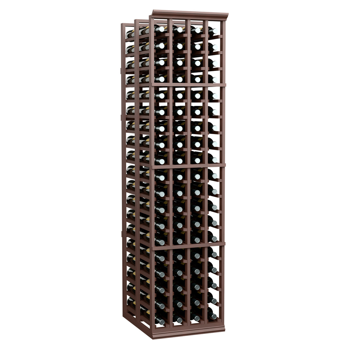 Dark brown double-deep 4-column wine rack with two-sided bottle storage