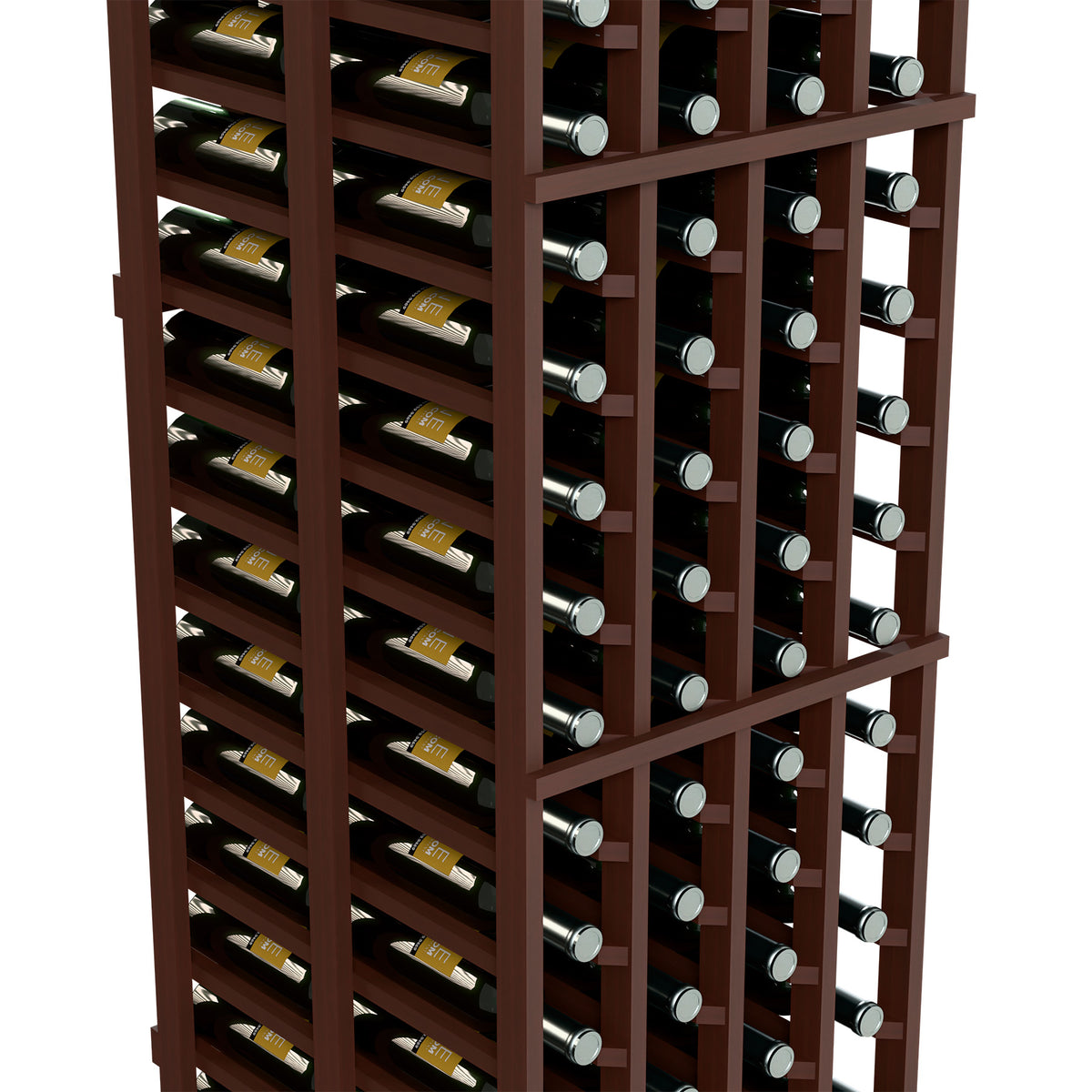 Dark brown wine rack close-up with bottle slots and silver-capped bottles