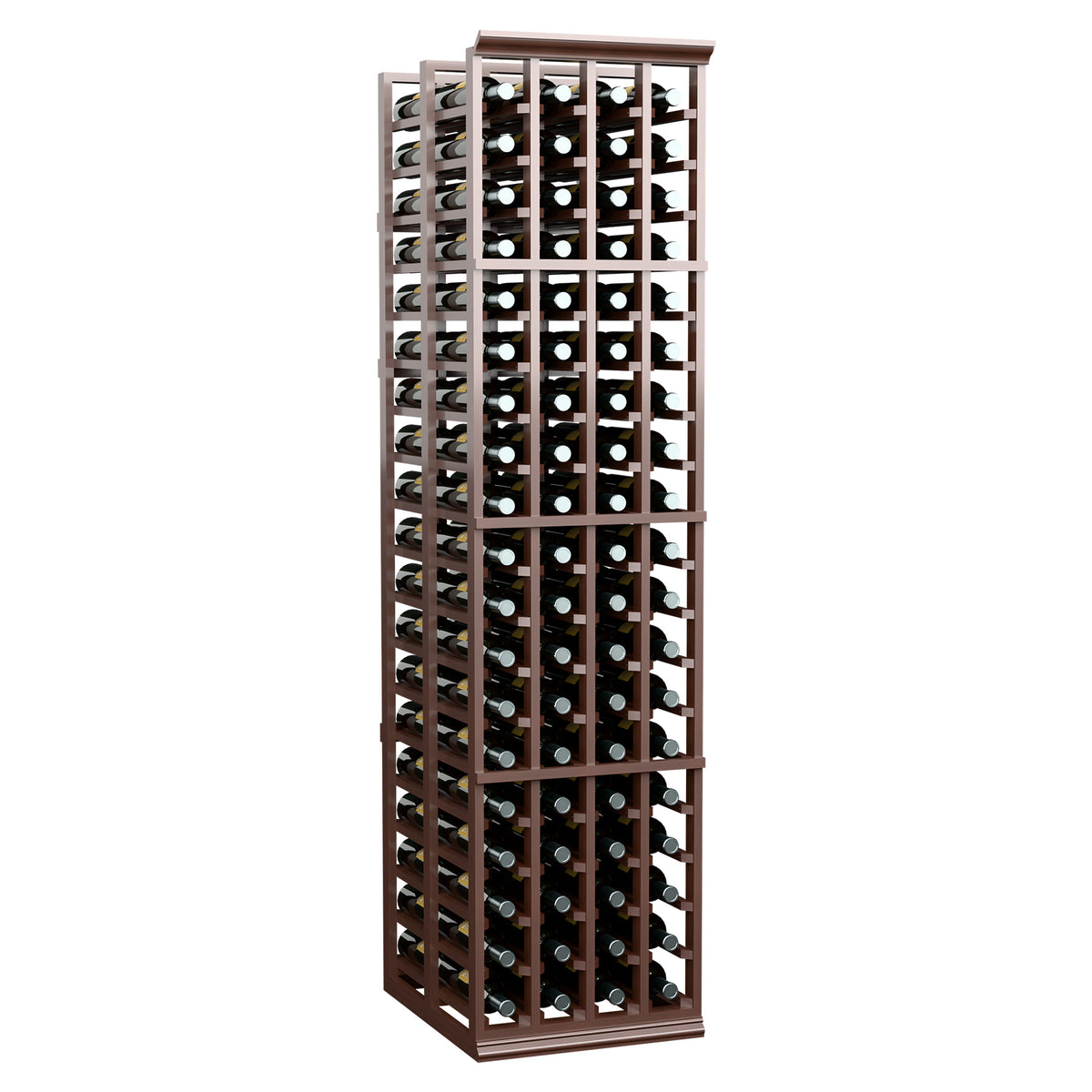 Dark wood 4-column wine rack holding bottles in front view with metal bottle slots