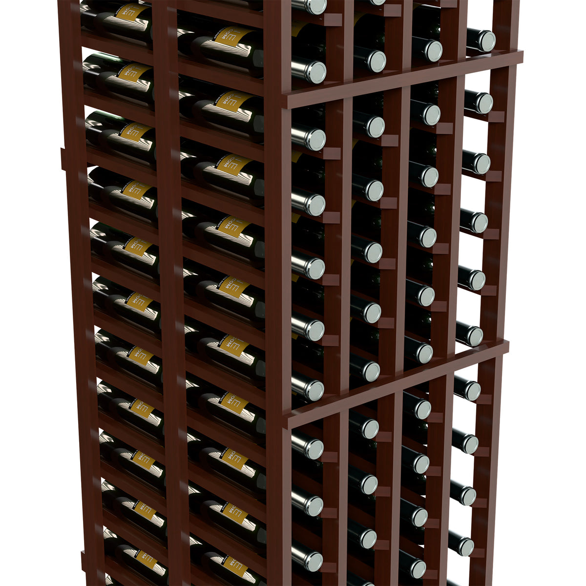 Close-up of dark wood 4-column wine rack with stacked bottles and silver neck holders