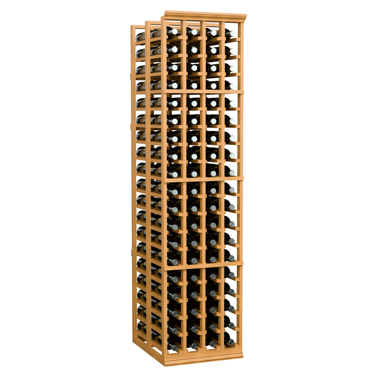 Natural wood 4-column wine rack with bottle rows visible through the front grid