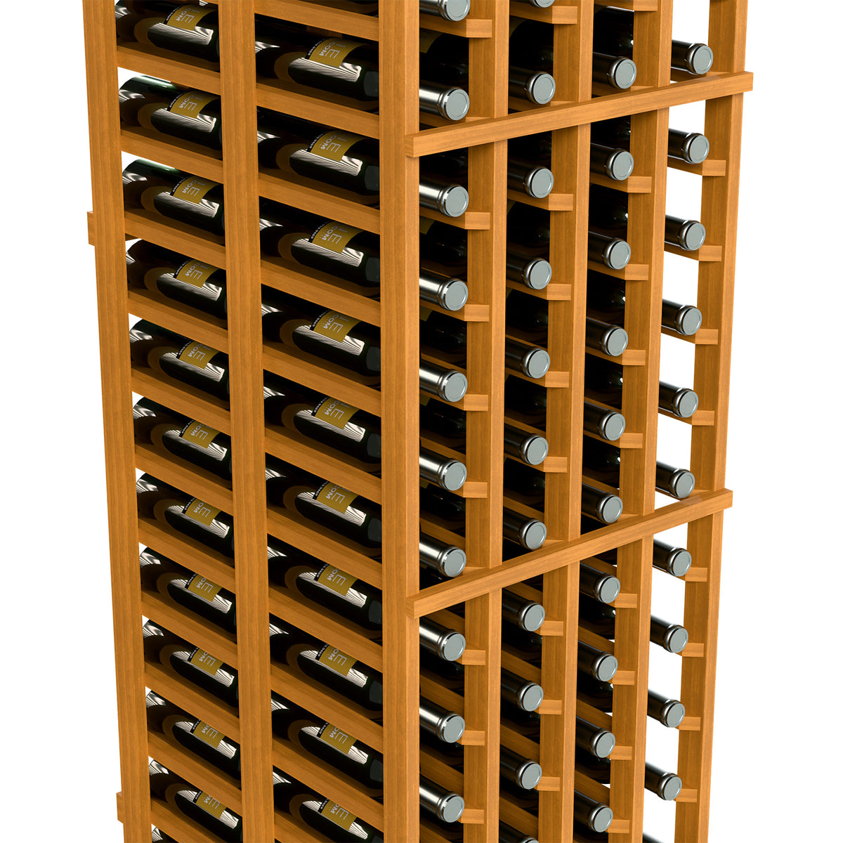 Close-up of natural wood wine rack showing multiple bottle rows and silver holders