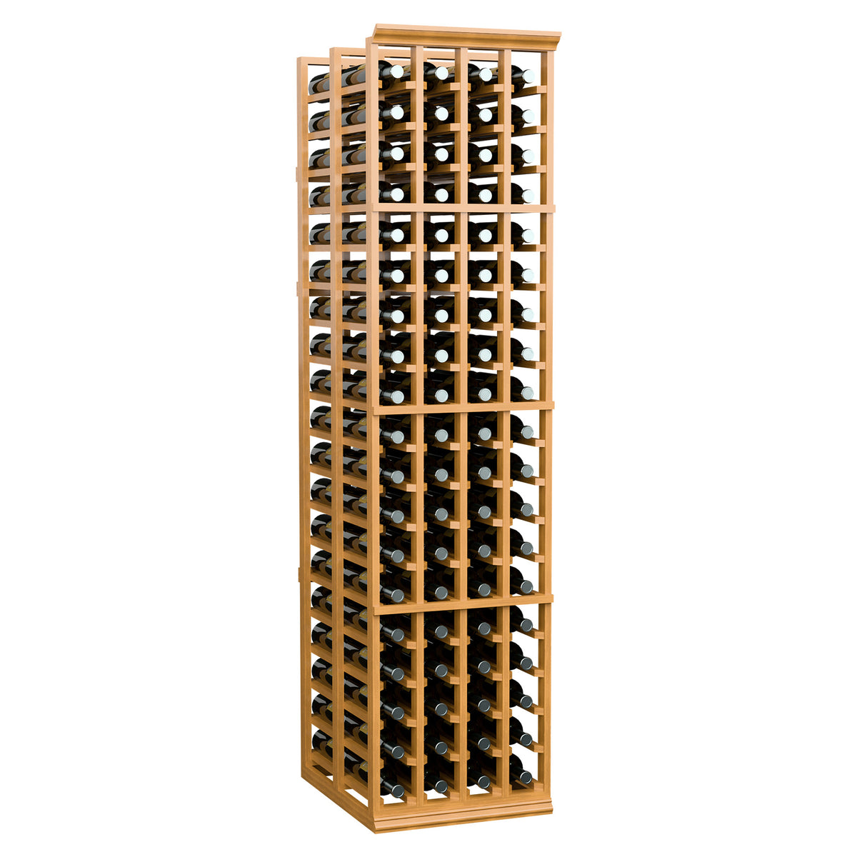 Light natural wood 4-column wine rack with bottles stored vertically in a grid