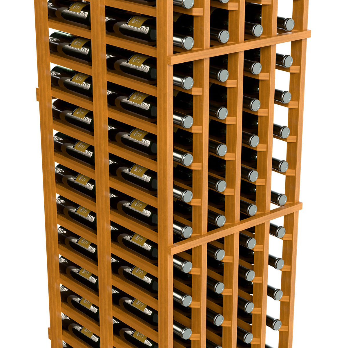 Close-up of light natural wood 4-column wine rack with tightly spaced bottle openings