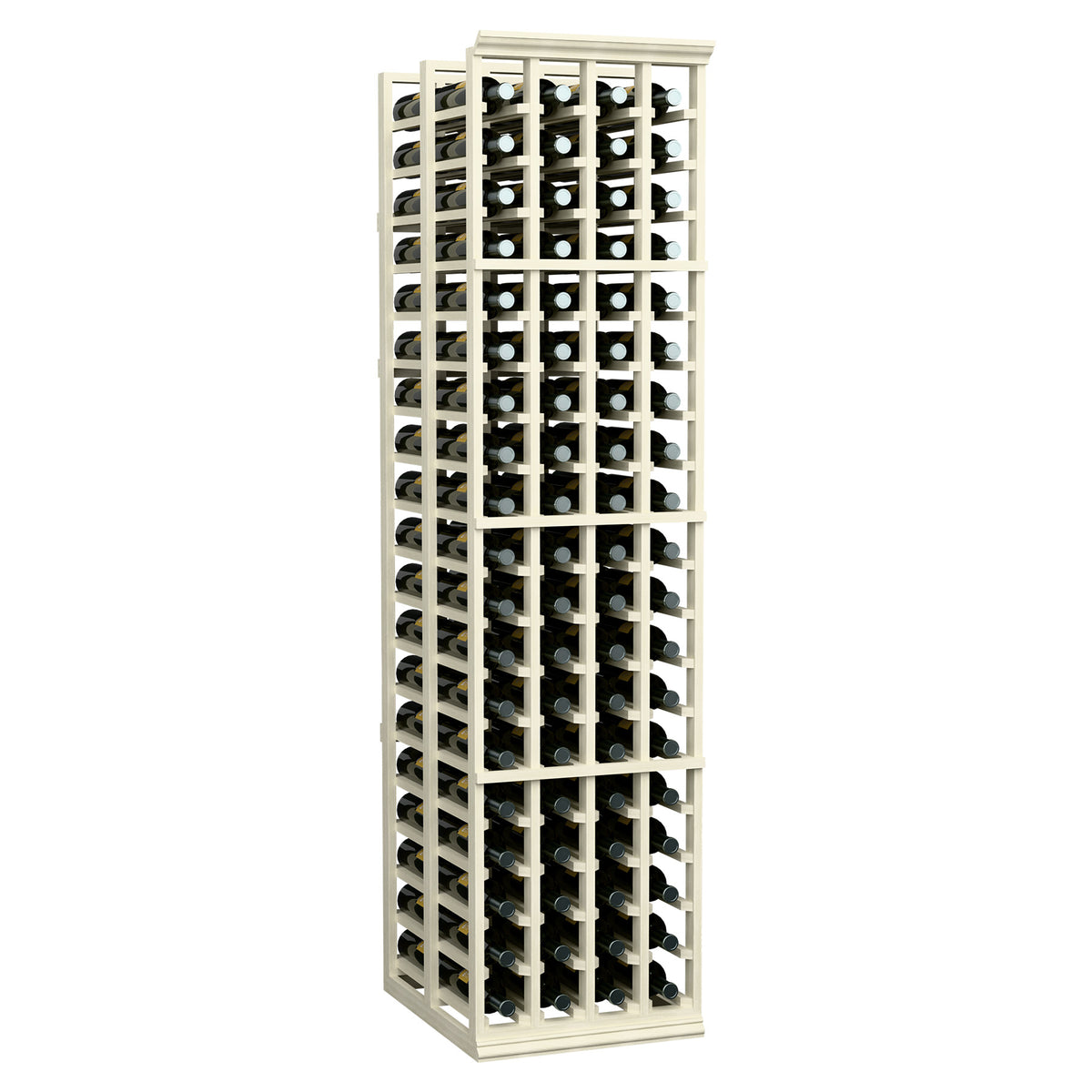 White wood 4-column wine rack with bottle rows visible through the front grid