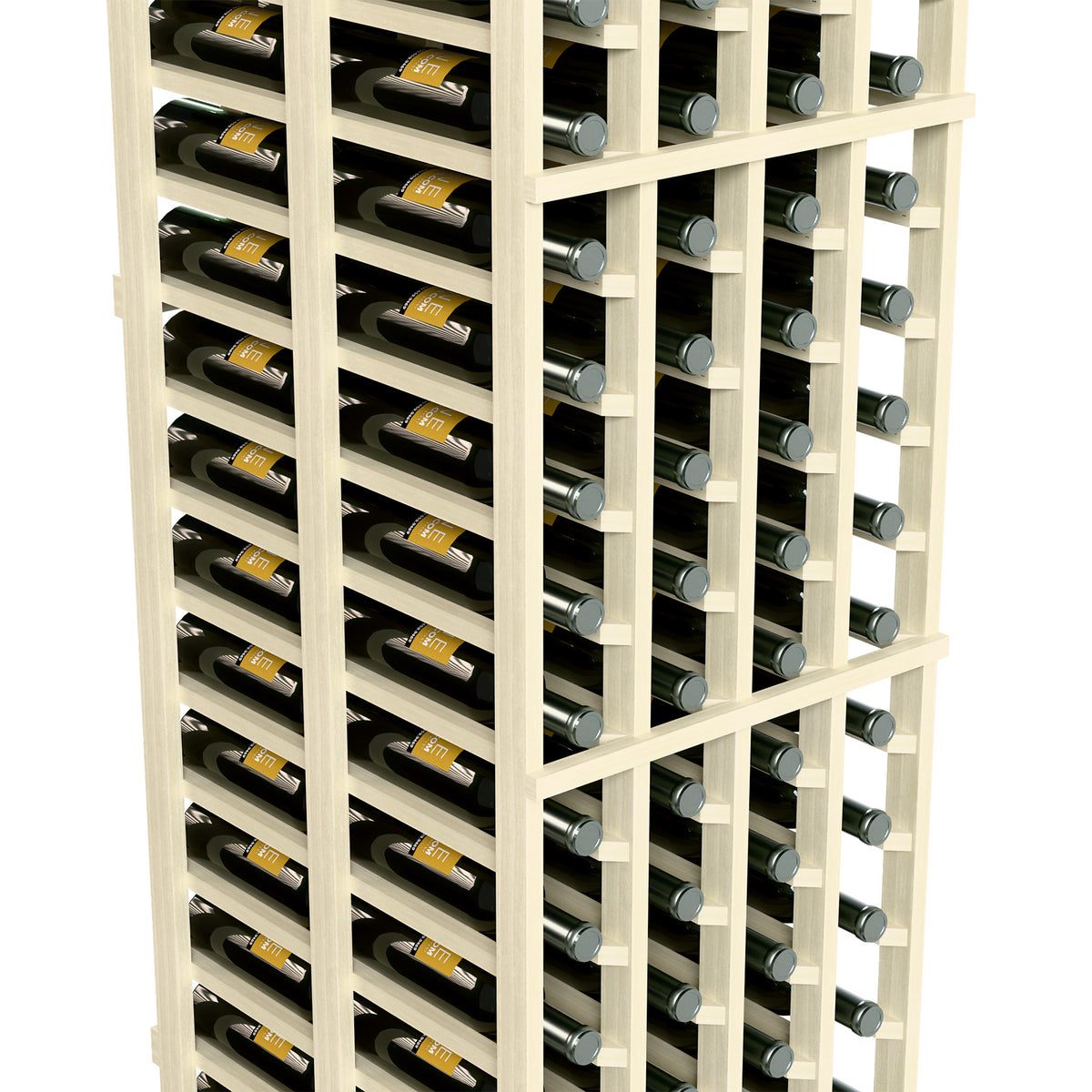 Close-up of white wood wine rack showing stacked bottles and silver bottle neck holders