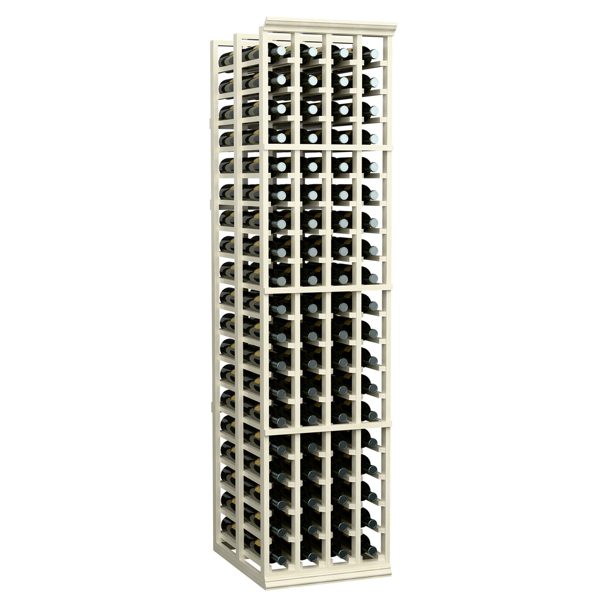 White wood 4-column wine rack with bottles arranged in vertical grid slots