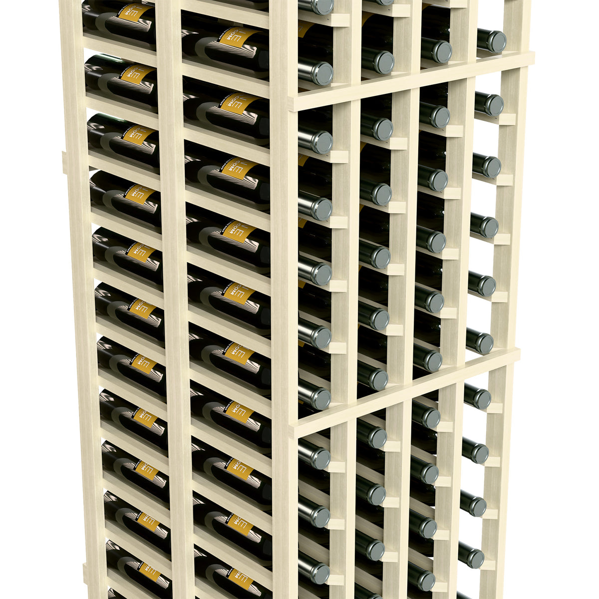 Close-up of white wood 4-column wine rack with two deep bottle rows and holders