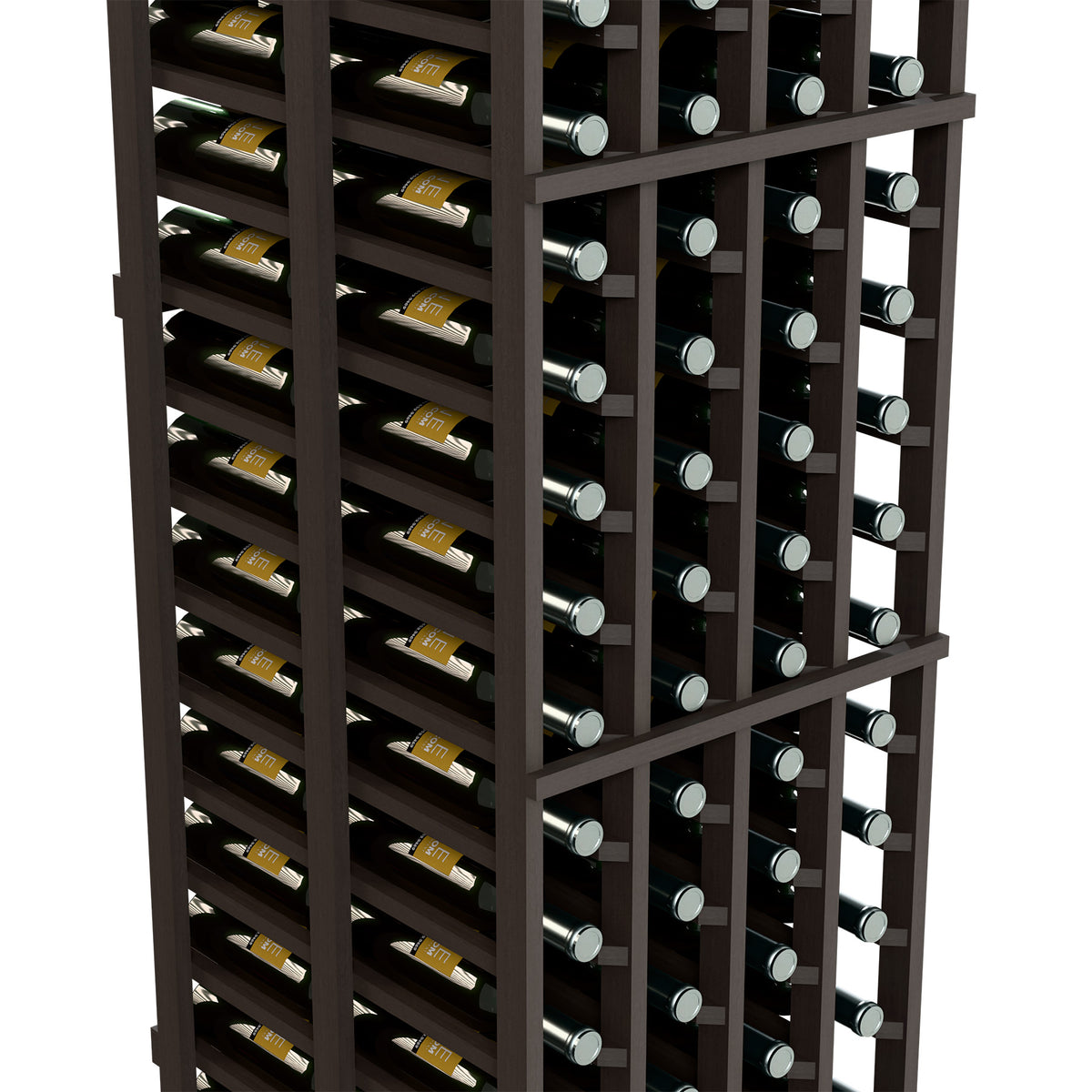 Front corner view of double-deep wine rack with dark wood grid and bottle holders