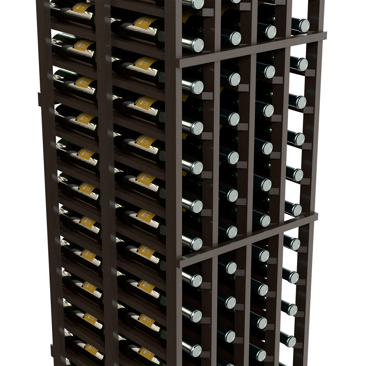 Side view of double-deep wine rack showing bottle slots and dark wood frame