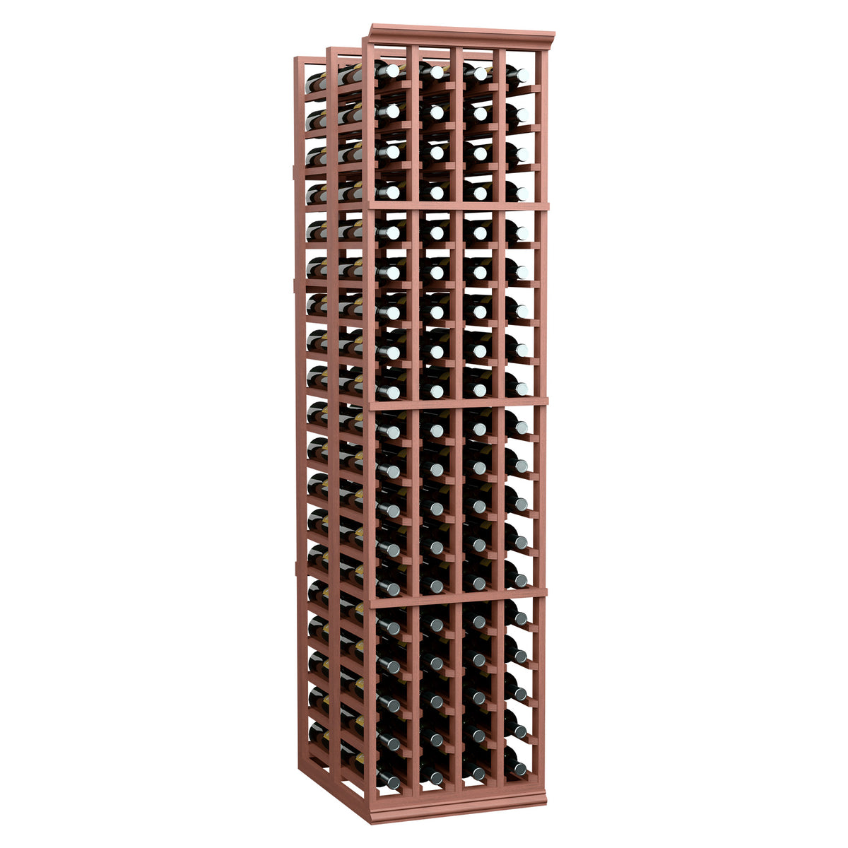 Tall double-deep wine rack with light wood frame and four columns of bottles