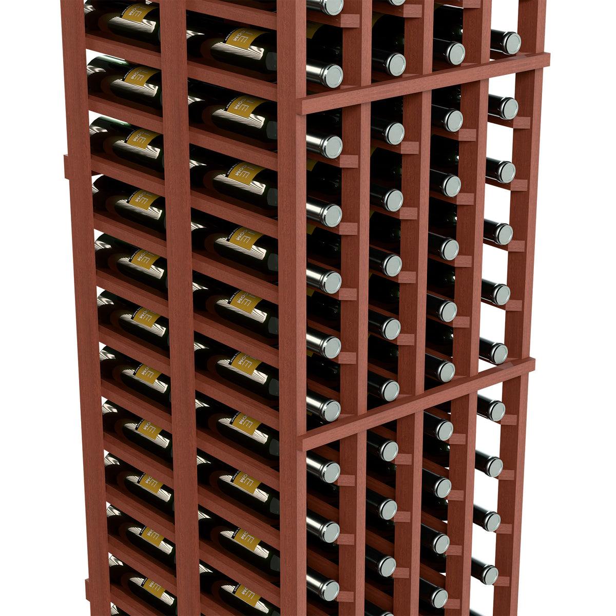 Angled view of light wood double-deep wine rack with bottle slots and silver caps